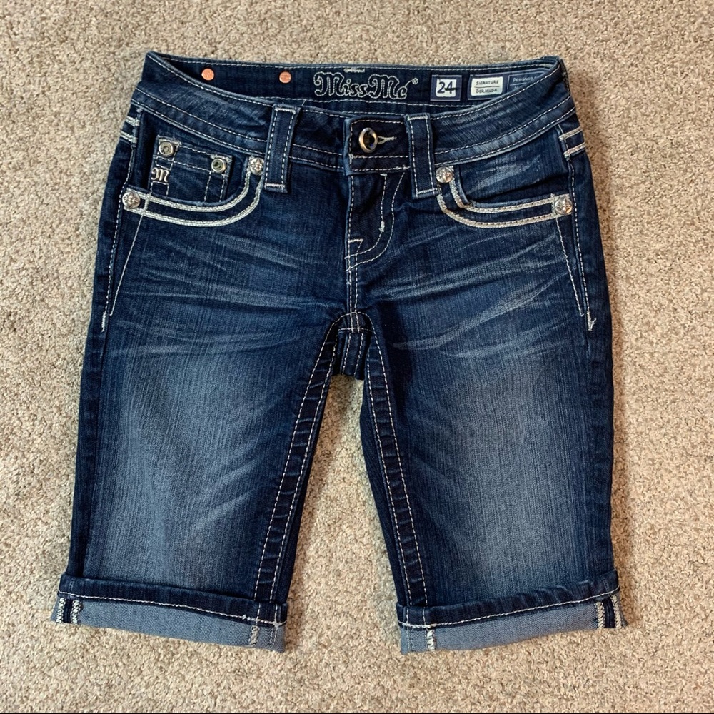 MISS ME Signature BERMUDA Stretch INDIGO Blue DENIM Rhinestone BLING SHORTS  24